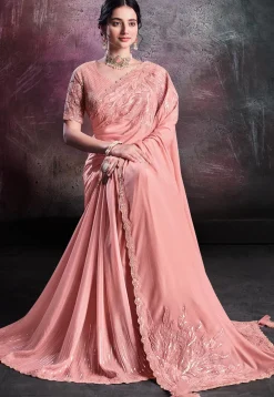 Embroidered Crepe Silk Saree in Peach