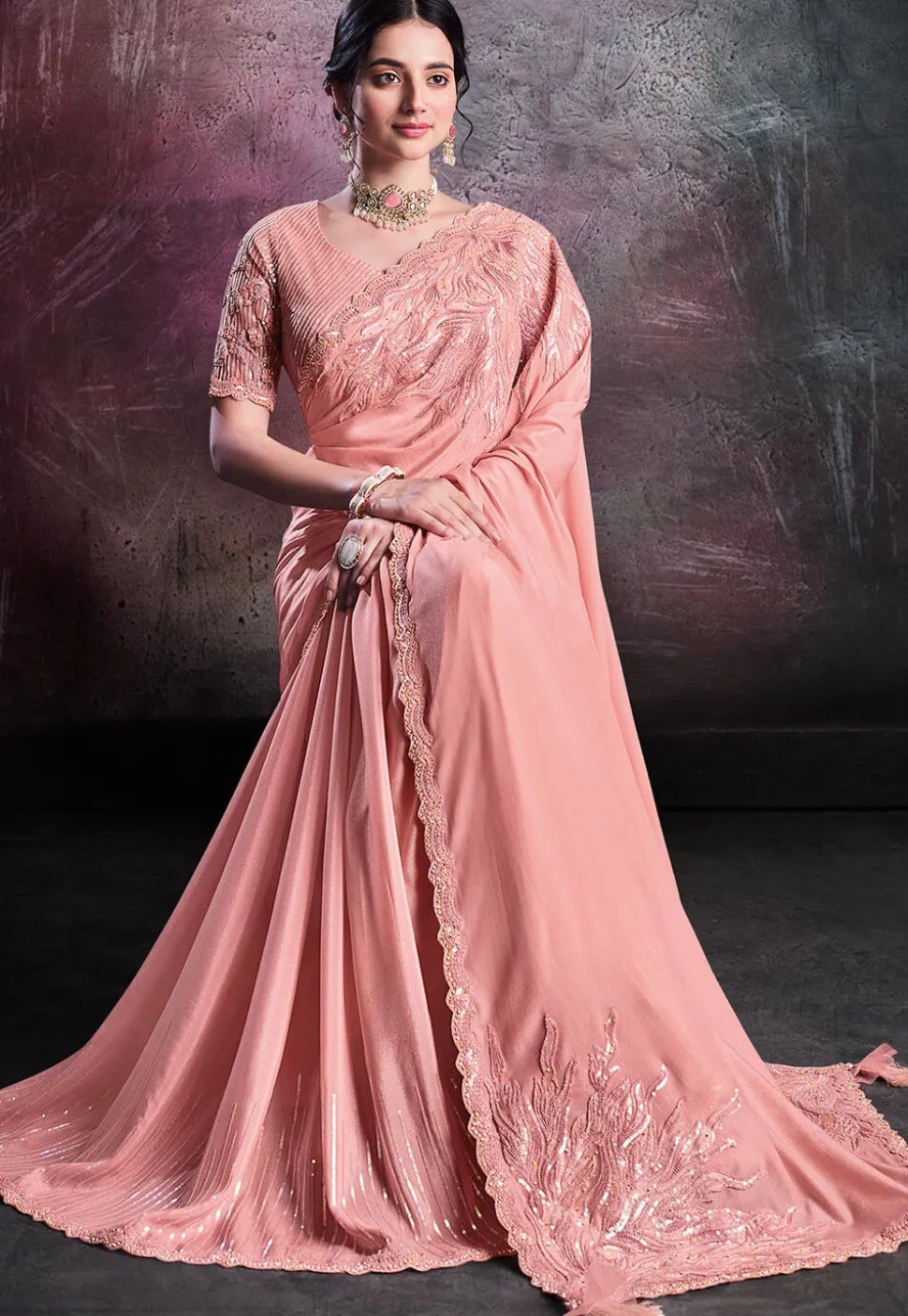 Embroidered Crepe Silk Saree in Peach