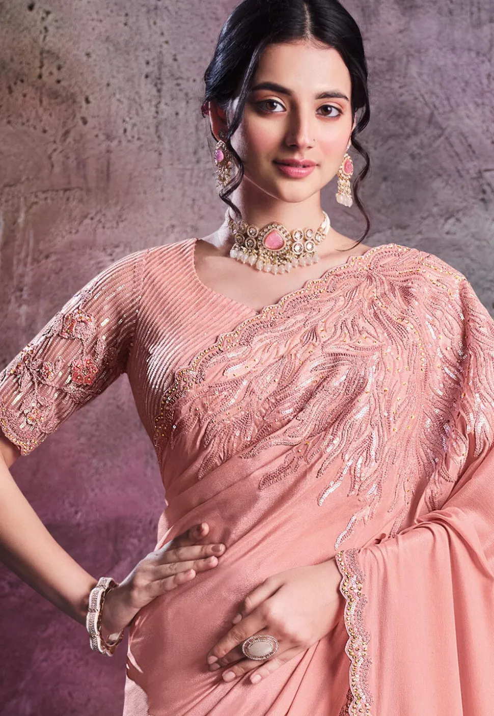Embroidered Crepe Silk Saree in Peach