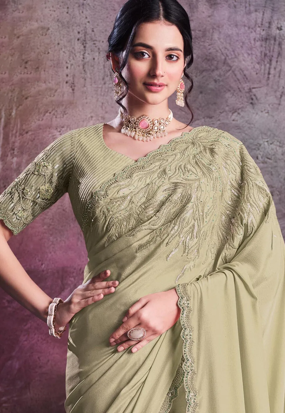 Embroidered Crepe Silk Saree in Green