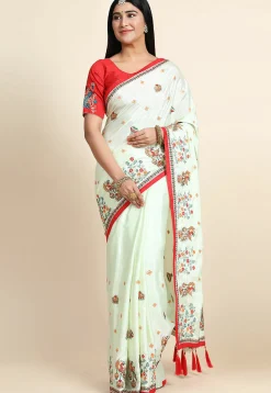 Embroidered Crepe Silk Saree in Off White