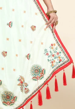 Embroidered Crepe Silk Saree in Off White