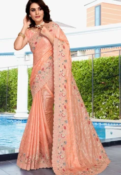 Embroidered Crepe Silk Saree in Peach