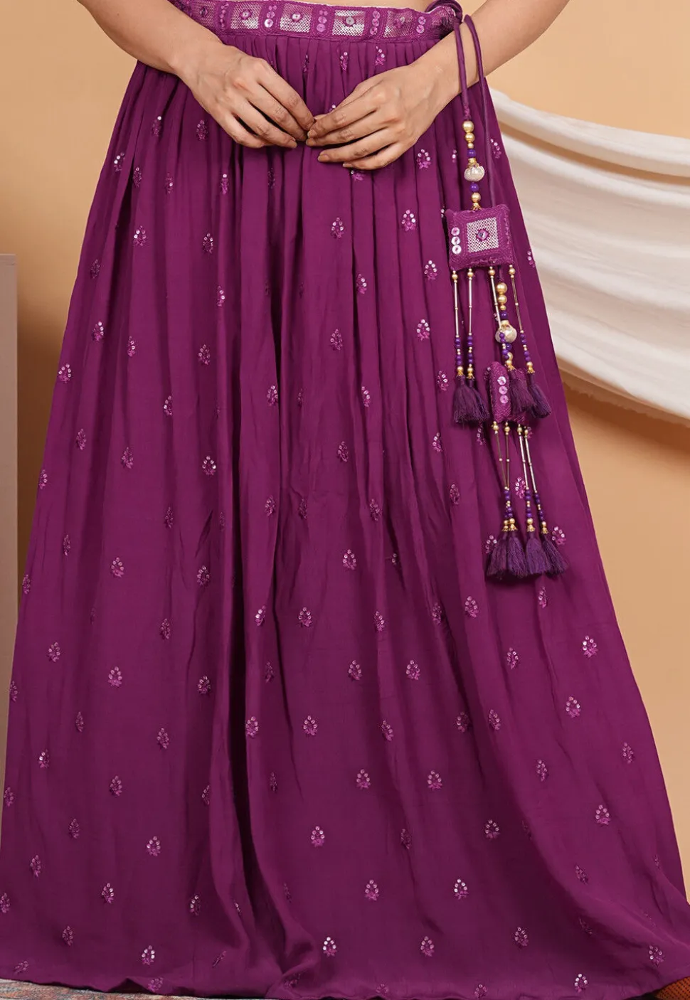 Embroidered Crepe Skirt in Purple