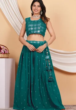 Embroidered Crepe Skirt in Teal Green