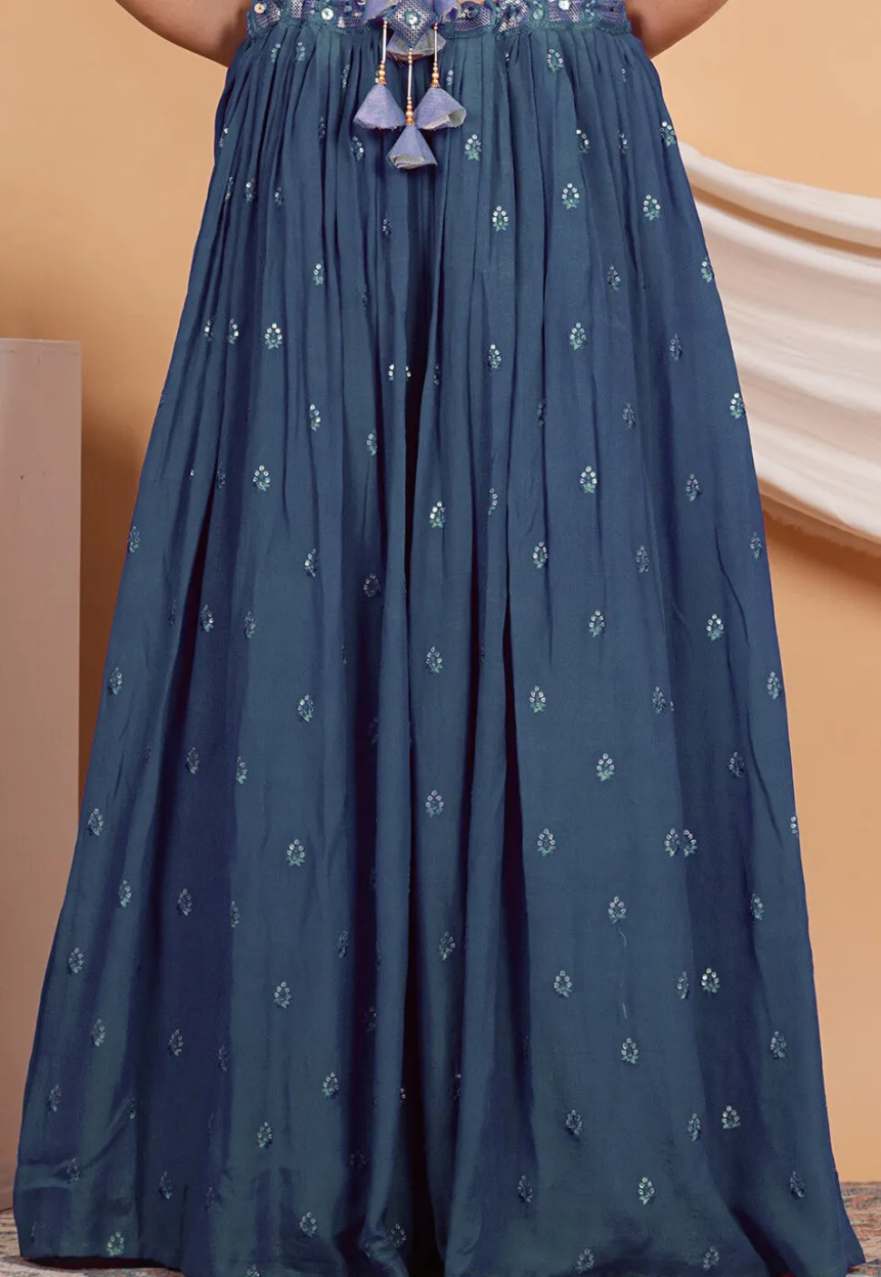 Embroidered Crepe Skirt in Teal Blue