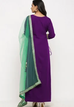 Embroidered Crepe Straight Suit in Purple