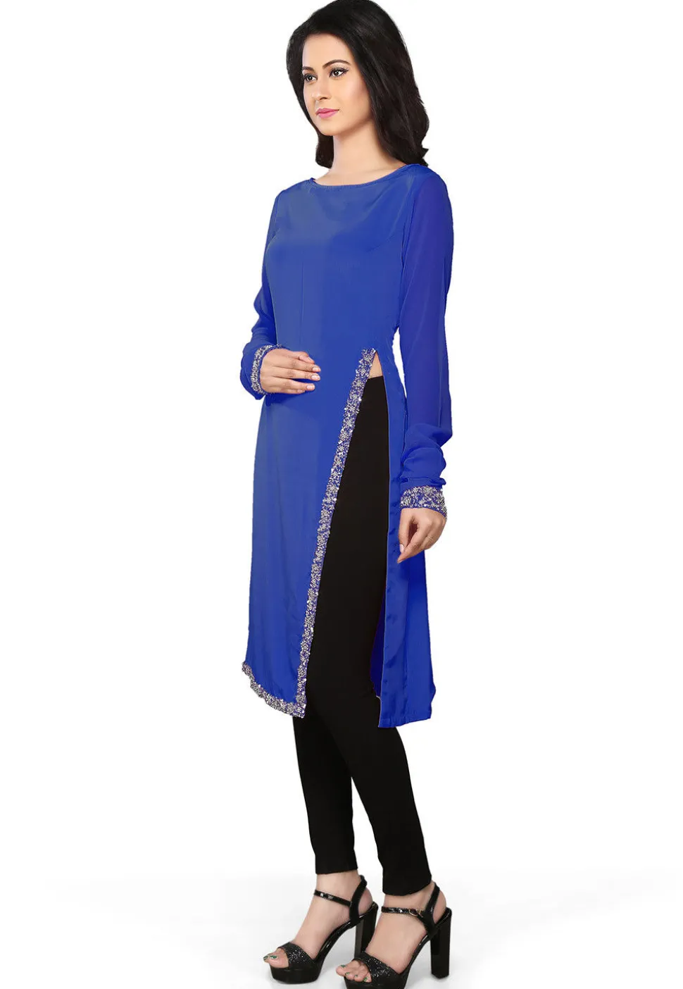 Embroidered Crepe Tunic in Royal Blue