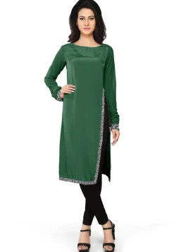 Embroidered Crepe Tunic in Dark Green