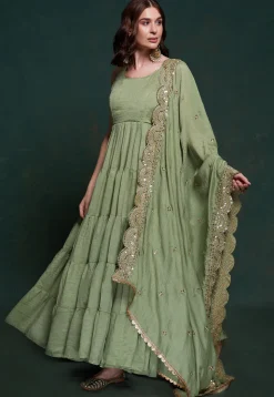 Embroidered Dupatta Art Silk Tiered Abaya Style Suit in Dusty Green
