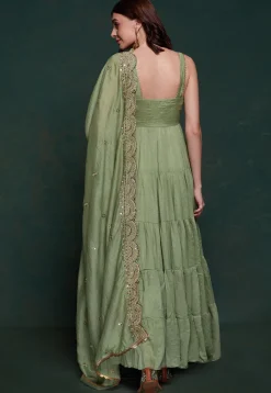 Embroidered Dupatta Art Silk Tiered Abaya Style Suit in Dusty Green