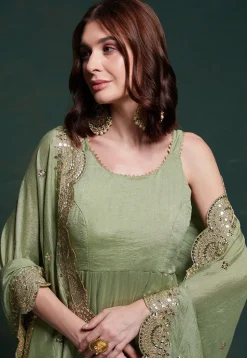 Embroidered Dupatta Art Silk Tiered Abaya Style Suit in Dusty Green
