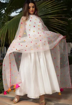 Embroidered Dupatta Pure Cotton A Line Suit in White