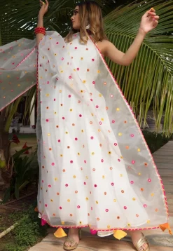 Embroidered Dupatta Pure Cotton A Line Suit in White