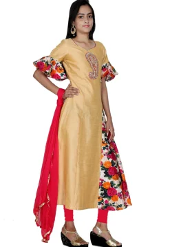 Embroidered Dupion Silk A Line Frill Suit in Beige