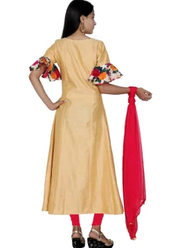 Embroidered Dupion Silk A Line Frill Suit in Beige