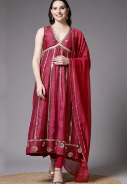 Embroidered Dupion Silk Anarkali Suit in Red