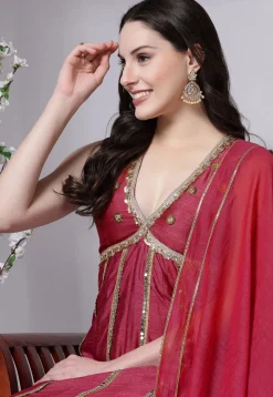 Embroidered Dupion Silk Anarkali Suit in Red
