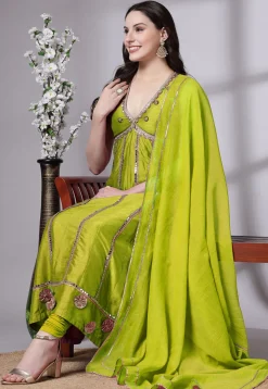 Embroidered Dupion Silk Anarkali Suit in Olive Green