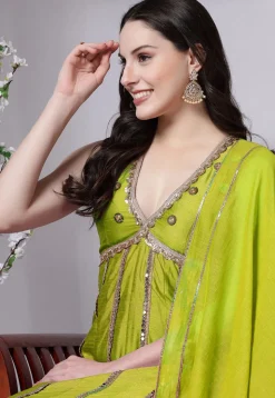 Embroidered Dupion Silk Anarkali Suit in Olive Green