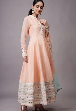 Embroidered Dupion Silk Abaya Style Suit in Peach