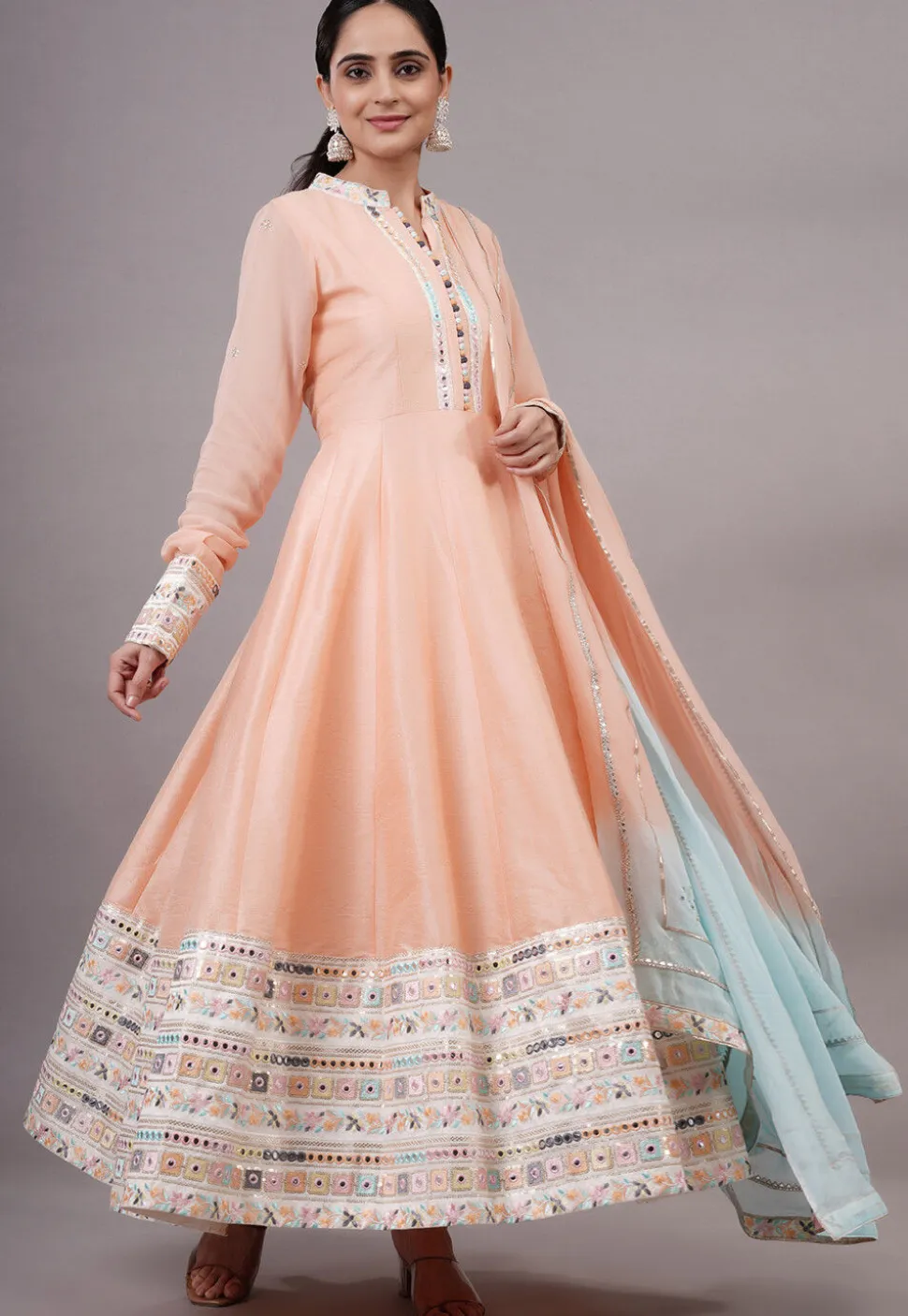 Embroidered Dupion Silk Abaya Style Suit in Peach