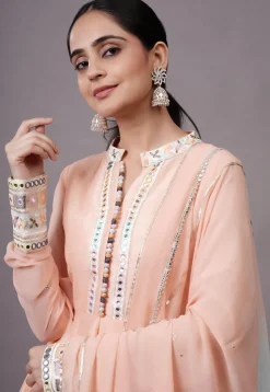 Embroidered Dupion Silk Abaya Style Suit in Peach