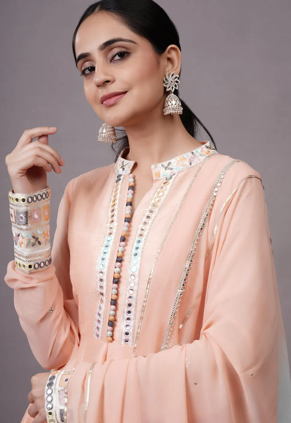 Embroidered Dupion Silk Abaya Style Suit in Peach
