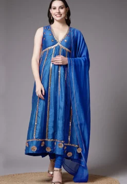 Embroidered Dupion Silk Anarkali Suit in Blue