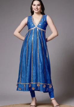 Embroidered Dupion Silk Anarkali Suit in Blue