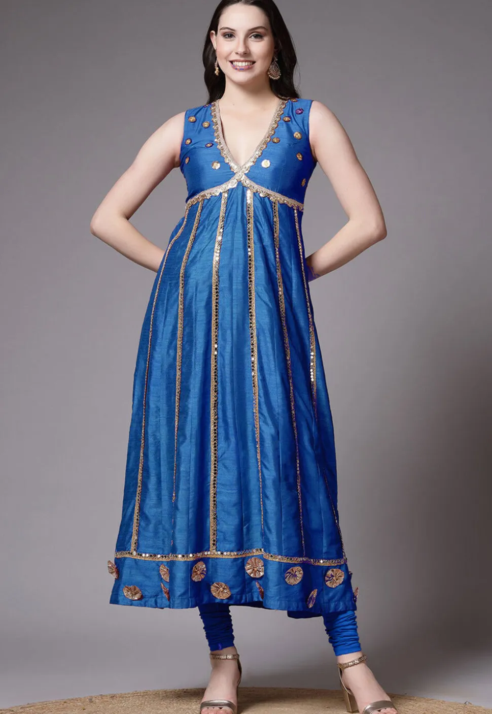 Embroidered Dupion Silk Anarkali Suit in Blue