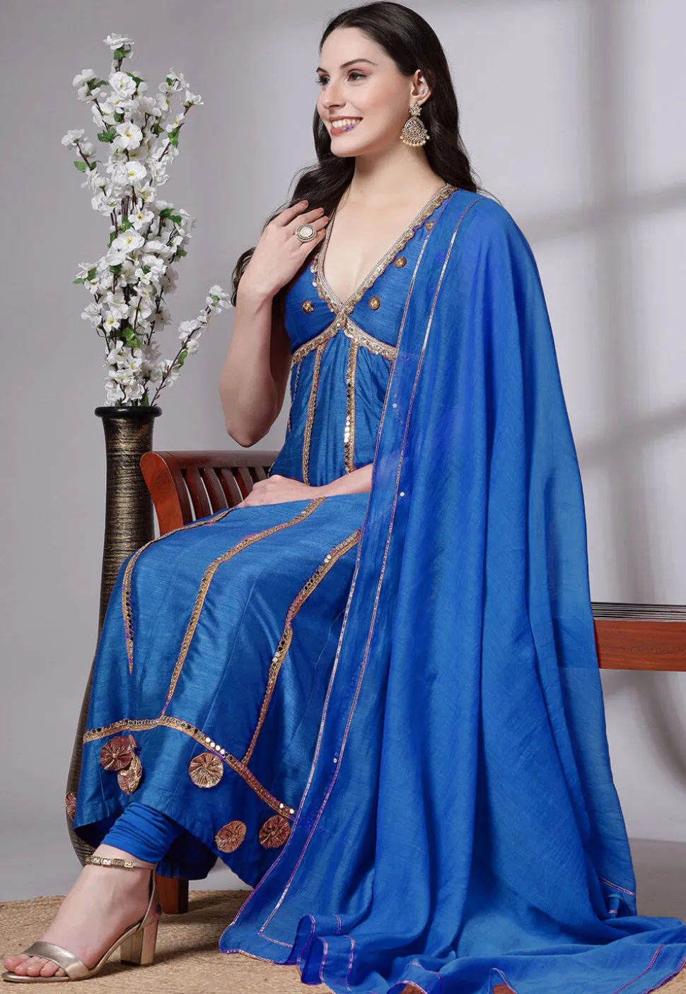 Embroidered Dupion Silk Anarkali Suit in Blue