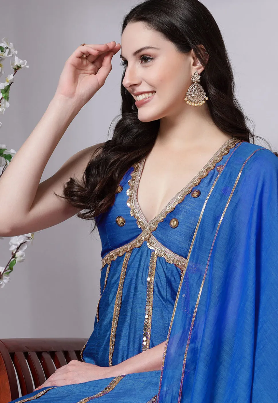 Embroidered Dupion Silk Anarkali Suit in Blue