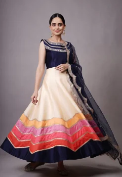 Embroidered Dupion Silk Abaya Style Suit in Off White and Multicolor