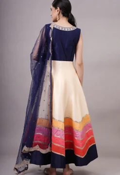 Embroidered Dupion Silk Abaya Style Suit in Off White and Multicolor