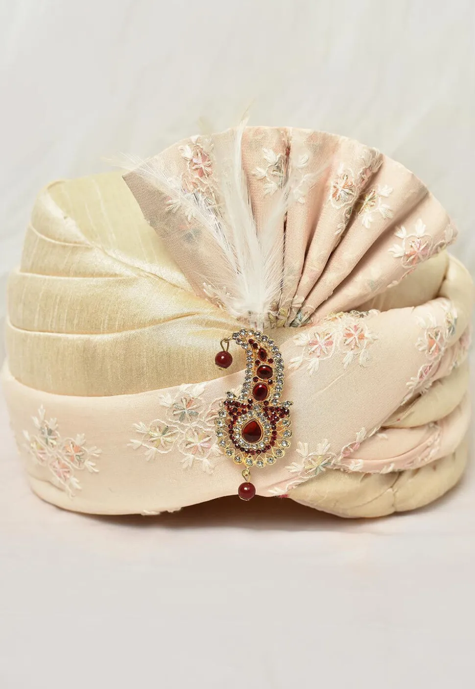 Embroidered Dupion Silk and Georgette Turban in Beige
