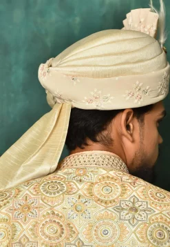 Embroidered Dupion Silk and Georgette Turban in Beige
