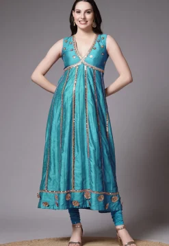 Embroidered Dupion Silk Anarkali Suit in Turquoise