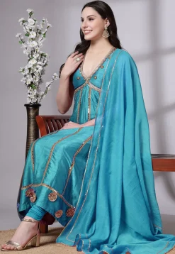 Embroidered Dupion Silk Anarkali Suit in Turquoise
