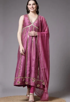 Embroidered Dupion Silk Anarkali Suit in Old Rose