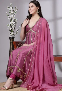 Embroidered Dupion Silk Anarkali Suit in Old Rose