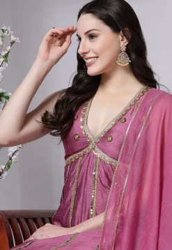 Embroidered Dupion Silk Anarkali Suit in Old Rose