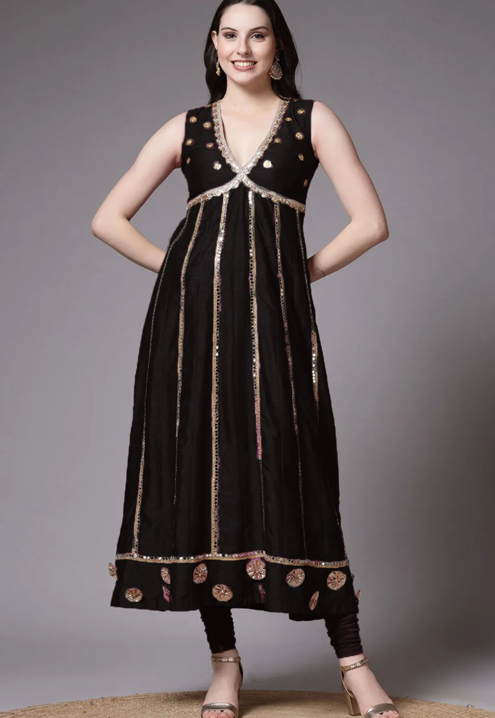 Embroidered Dupion Silk Anarkali Suit in Black