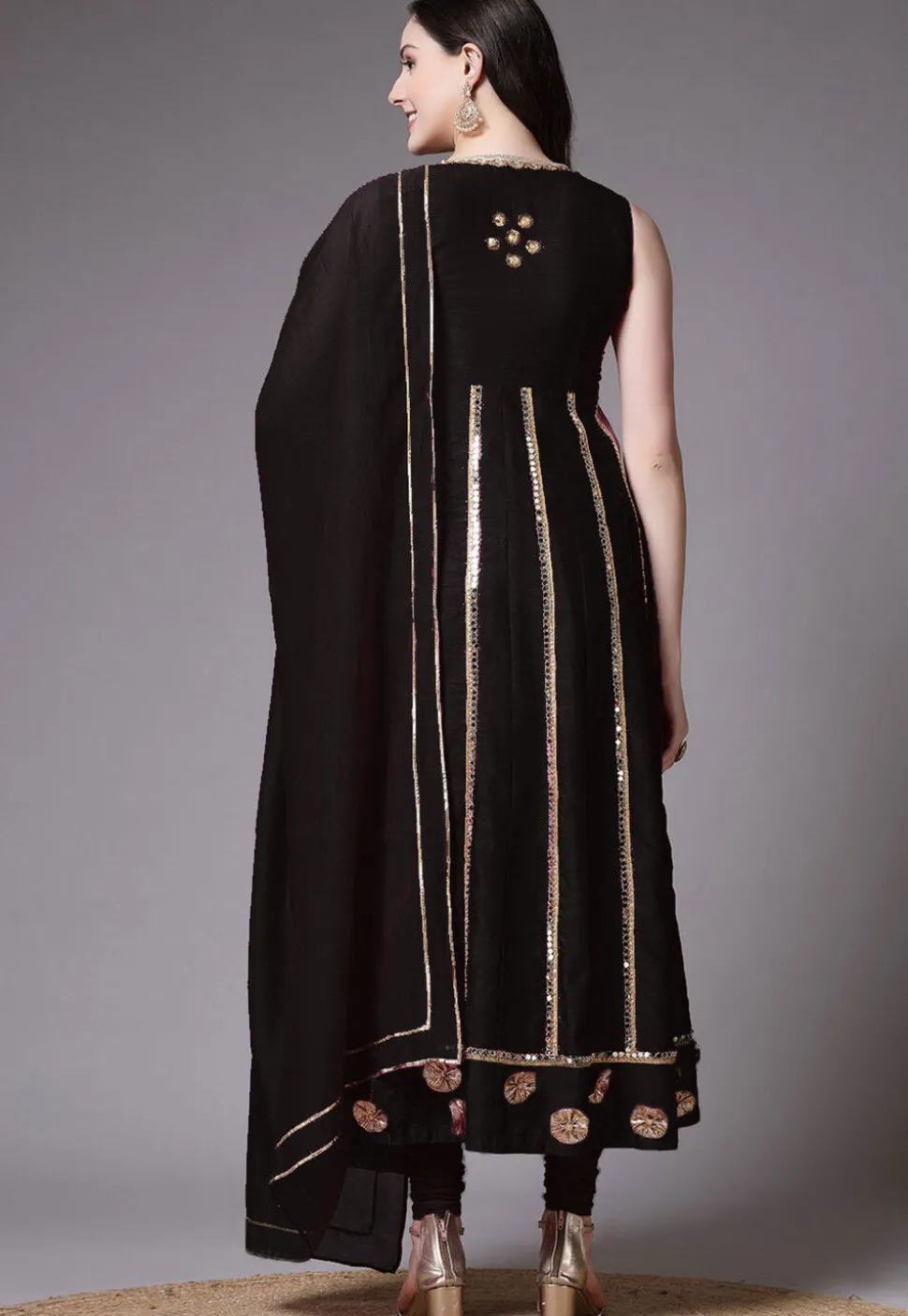 Embroidered Dupion Silk Anarkali Suit in Black