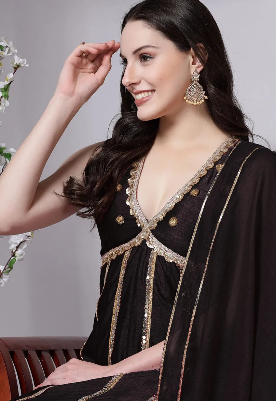 Embroidered Dupion Silk Anarkali Suit in Black