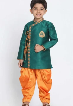 Embroidered Dupion Silk Angrakha Style Kurta in Teal Green
