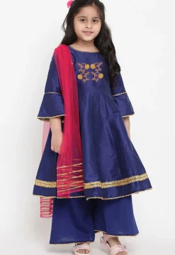 Embroidered Dupion Silk Anarkali Suit in Navy Blue
