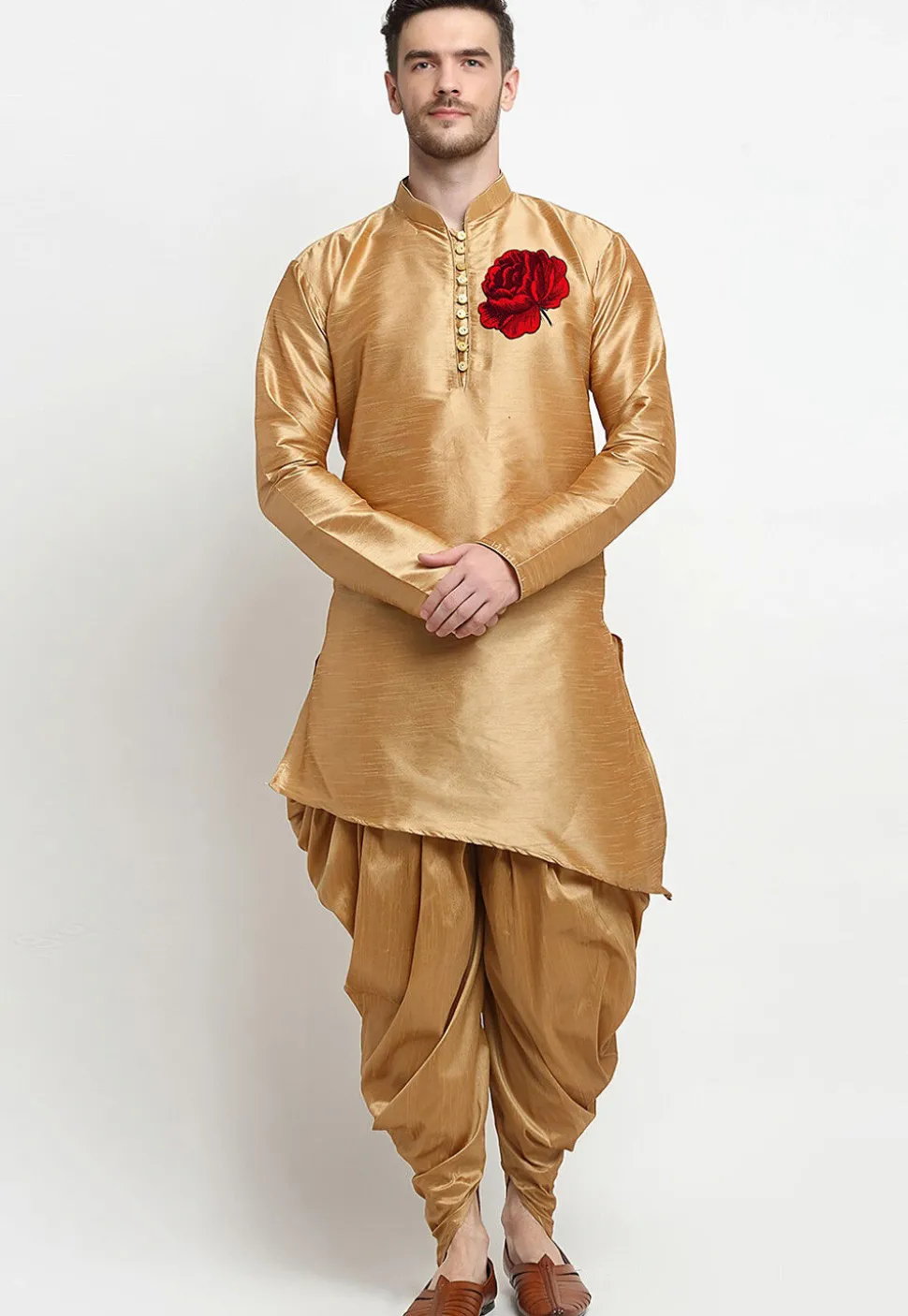 Embroidered Dupion Silk Asymmetric Short Kurta Set in Beige