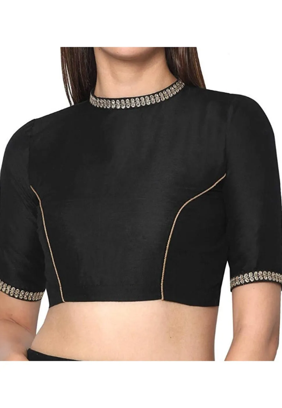 Embroidered Dupion Silk Blouse in Black