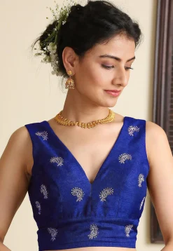 Embroidered Dupion Silk Blouse in Royal Blue